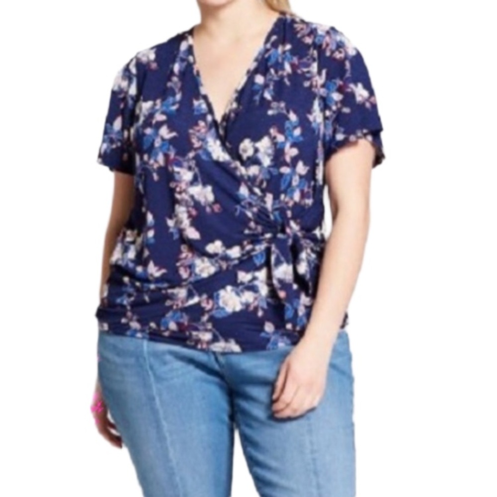 Xhilaration Navy Floral Faux Wrap Blouse Size 2X Tie Front Flutter Sleeve Spring